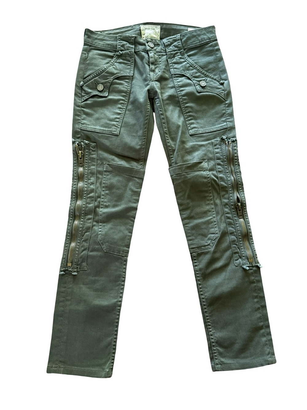 Taverniti So Jeans Moto Cargo Pants Olive Green Zip Leg Low Rise Size 25